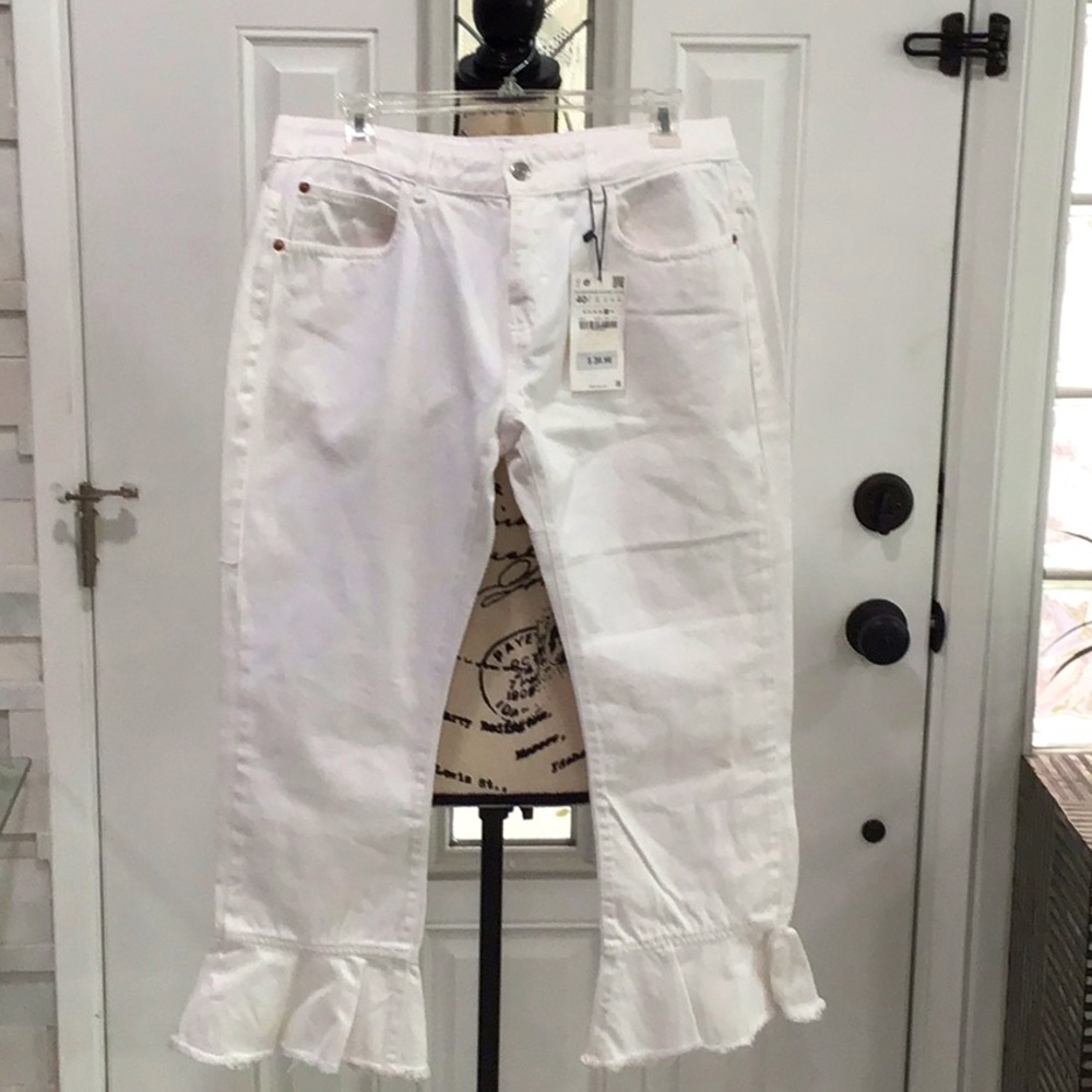 🆕 ZARA Ruffled Ankle Denim Pants High Rise Relaxed Fit